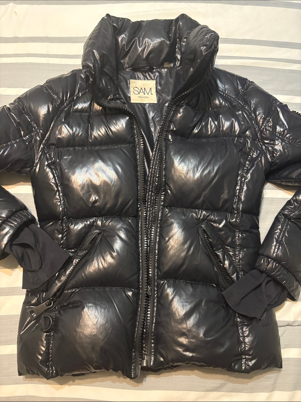 SAM. Shiny Black Quilted Puffer Jacket with High Collar